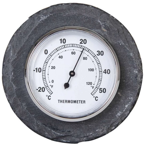Round outdoor thermometer with slate edge and stainless steel frame – shows both °C and °F
