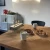 Small tabletop bio fireplace of steel and glass