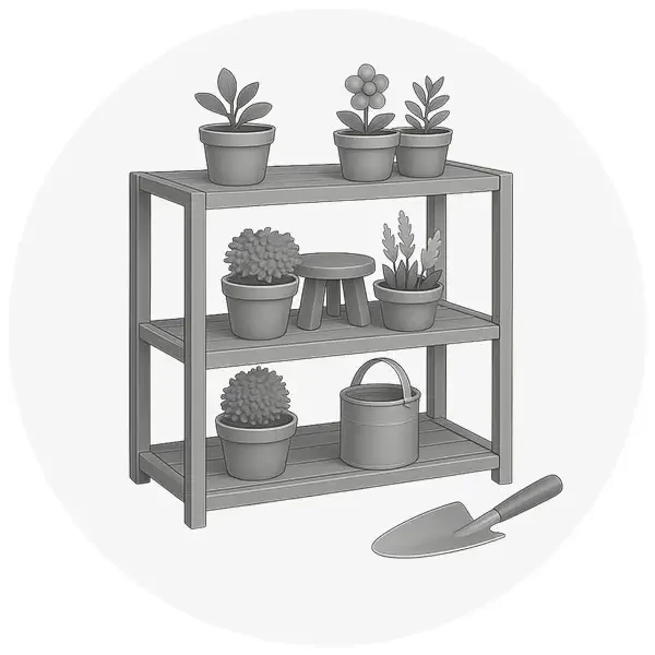 Grey icon with illustration of greenhouse staging