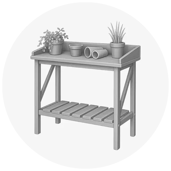 Grey cicle icon with an illustration of a greenhouse potting table