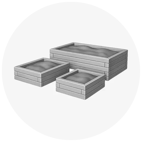 Grey circle icon with raised beds for gardening plants