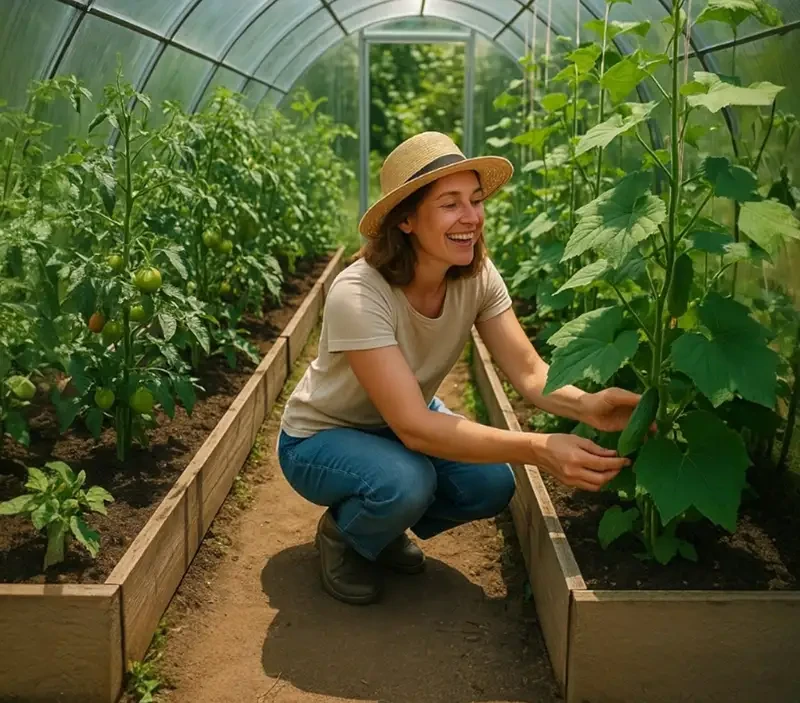 Woman attending tomato and cucumber vegetables inside a greenhouse
